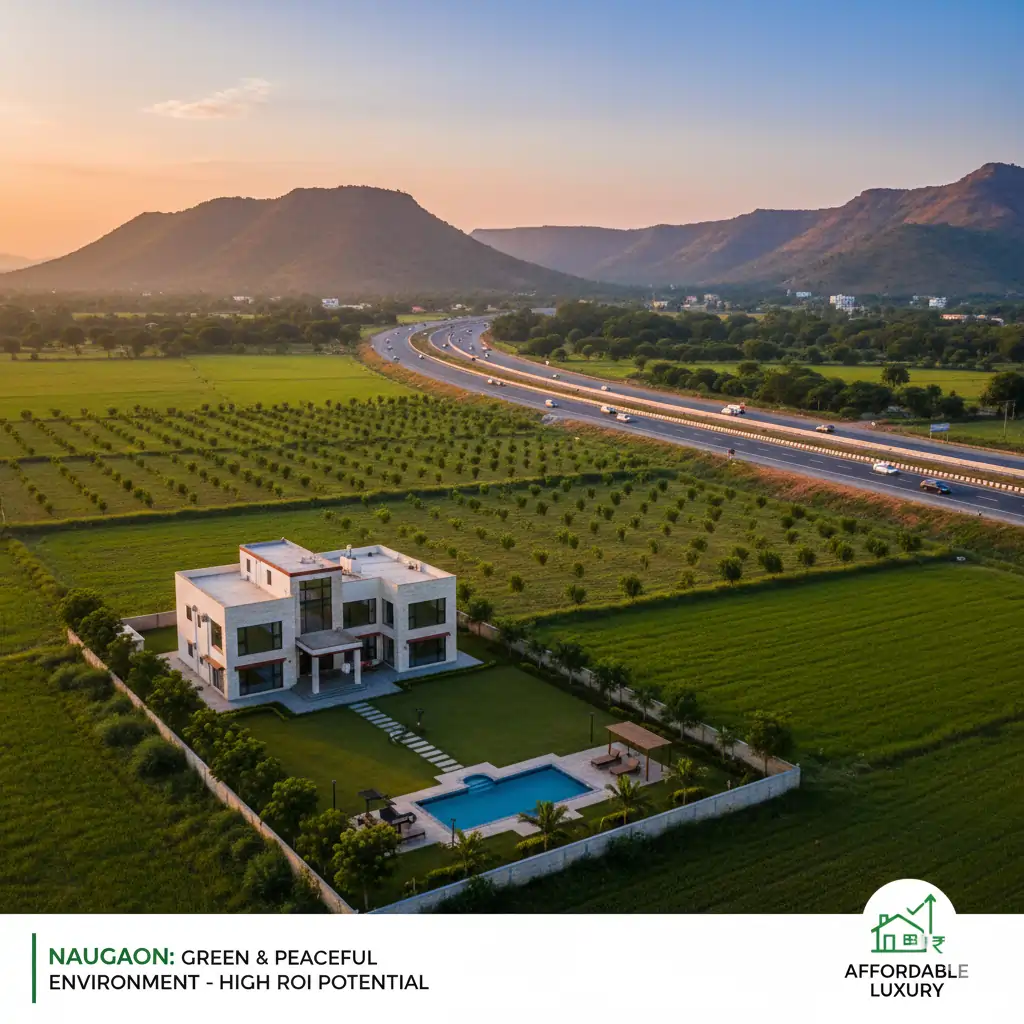 Scenic view of Naugaon Aravalli hills with lush greenery near farmhouses