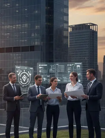 professional team on a rooftop overlooking a city, representing modern property management and asset care.