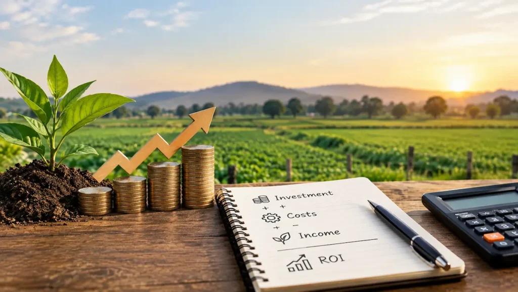 Open agricultural land plot with crops, representing agricultural land investment ROI