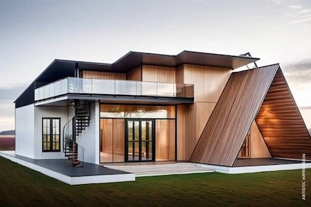 Modern wooden farmhouse design with a glass balcony and open lawn